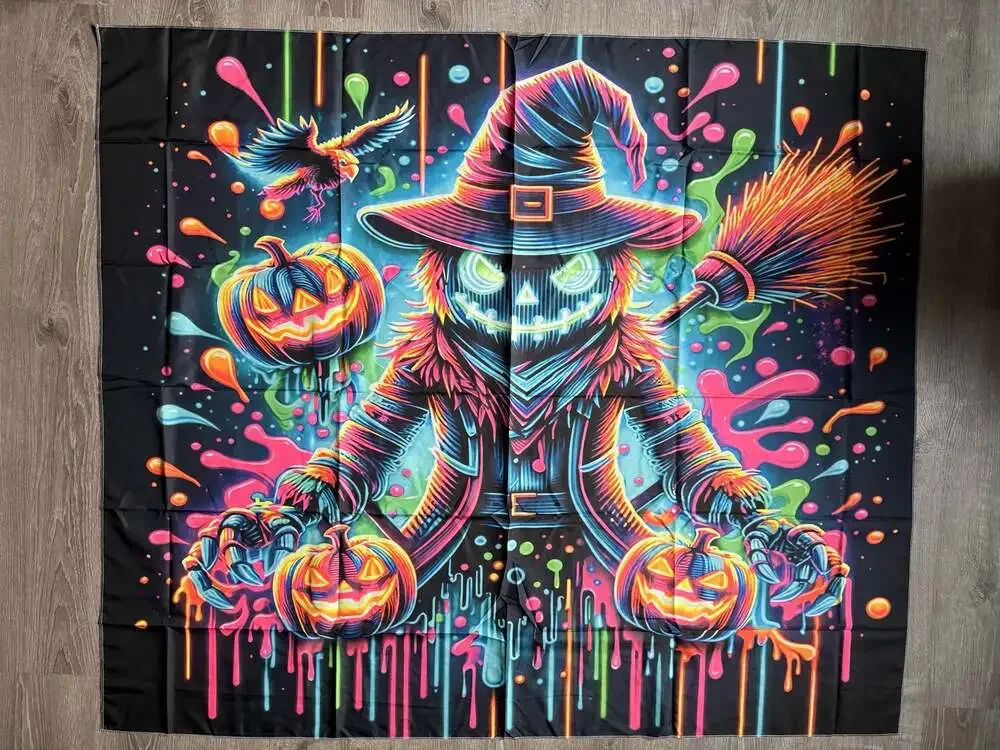 Neon Halloween Scarecrow and Pumpkin UV Reactive Tapestry